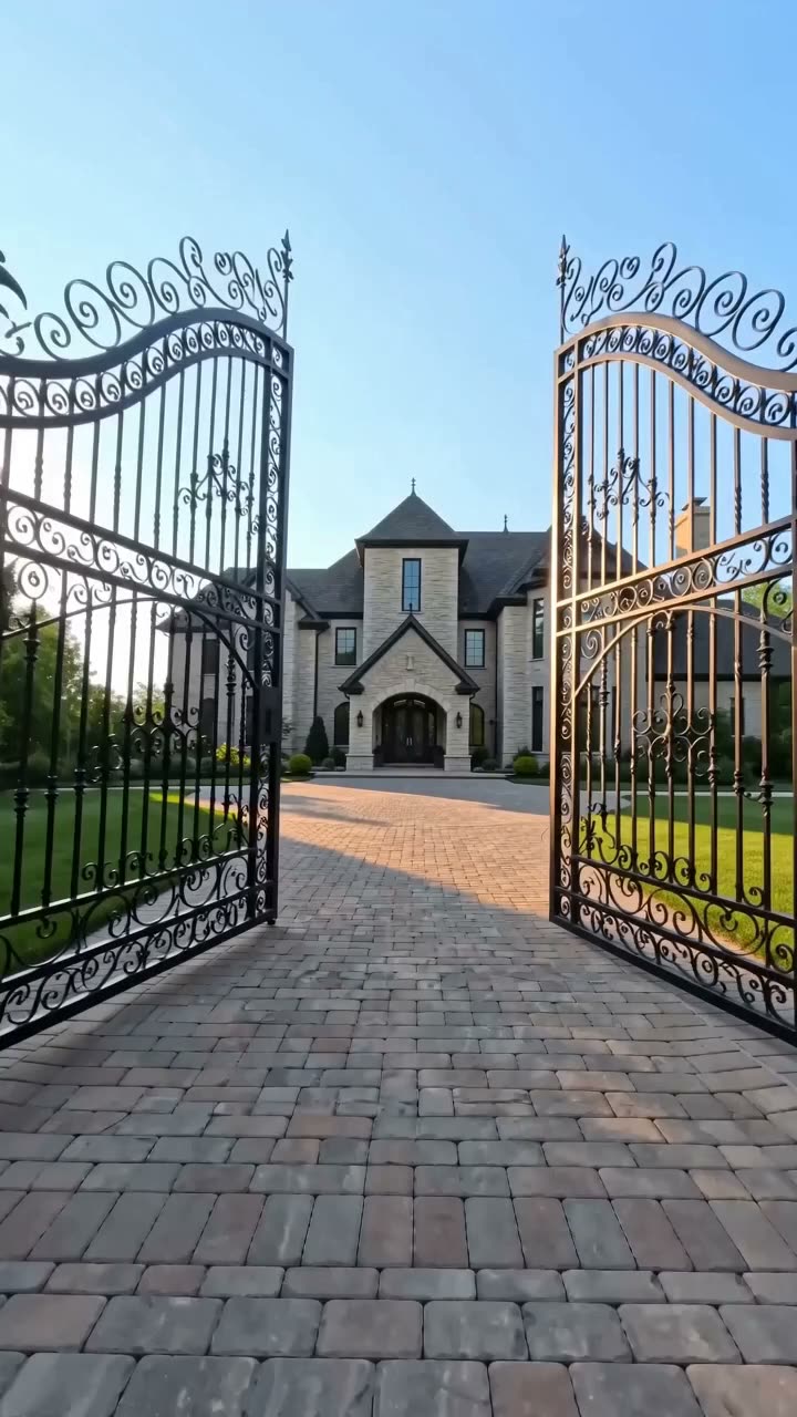 AI demo render: stone mansion exterior and driveway