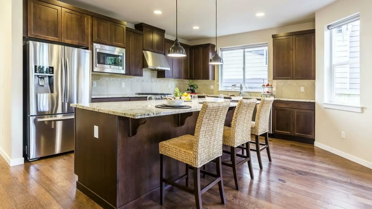 AI demo render: kitchen orbit shot, 16:9 walkthrough format